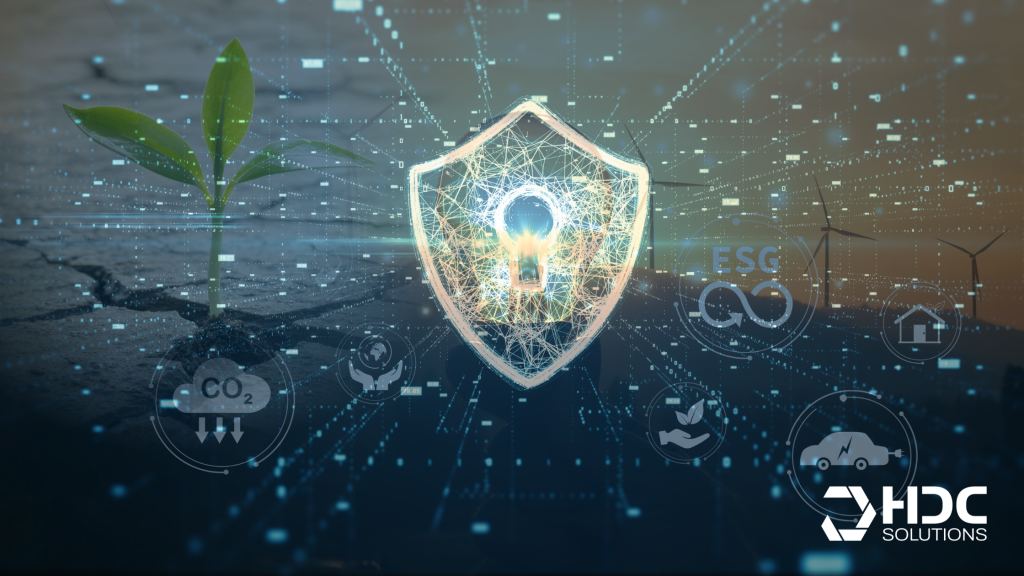 Junge Pflanze mit digitalem Schutzschild und ESG-Symbolen – Symbol für nachhaltige Energie und resiliente Sicherheitssysteme.